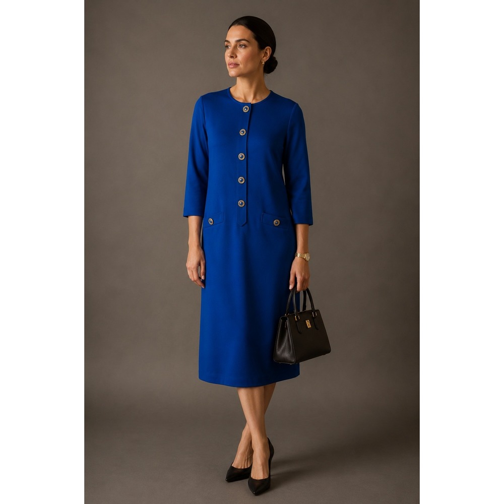 Brownstone Studio Knit Shift Dress Vintage Mod‎ Professional Blue Polyester 14